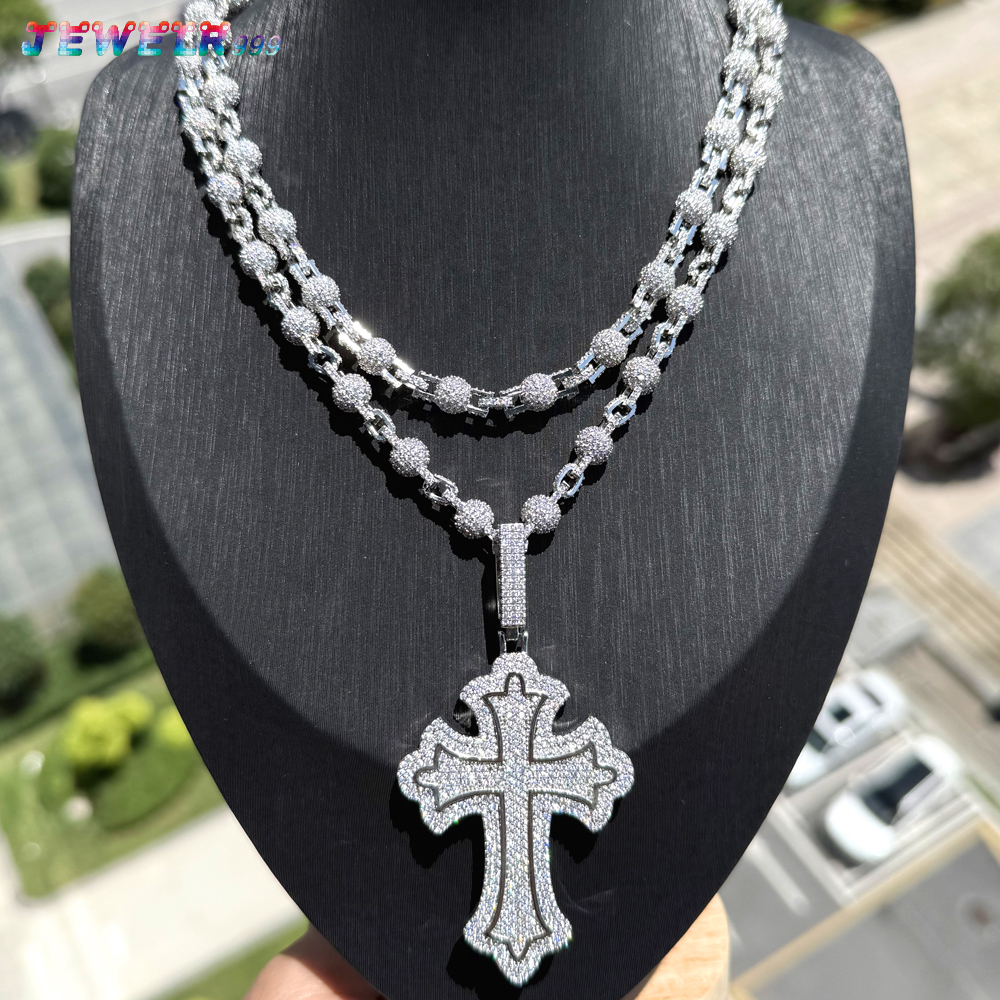 Two Tone Gold Plated S925 Moissanite Cross Pendant Necklace Cuban Chain Paved Charms Buddhism Jewelry Mens Anniversary