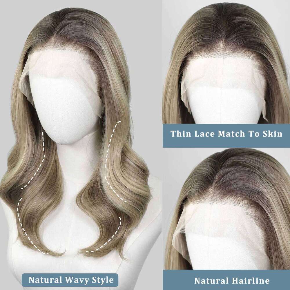 Shoulder Length Ombre Short Wavy Synthetic Wigs 13x4 Lace Front Brown Highlight Blonde Wig For Women Daily Use 150Density