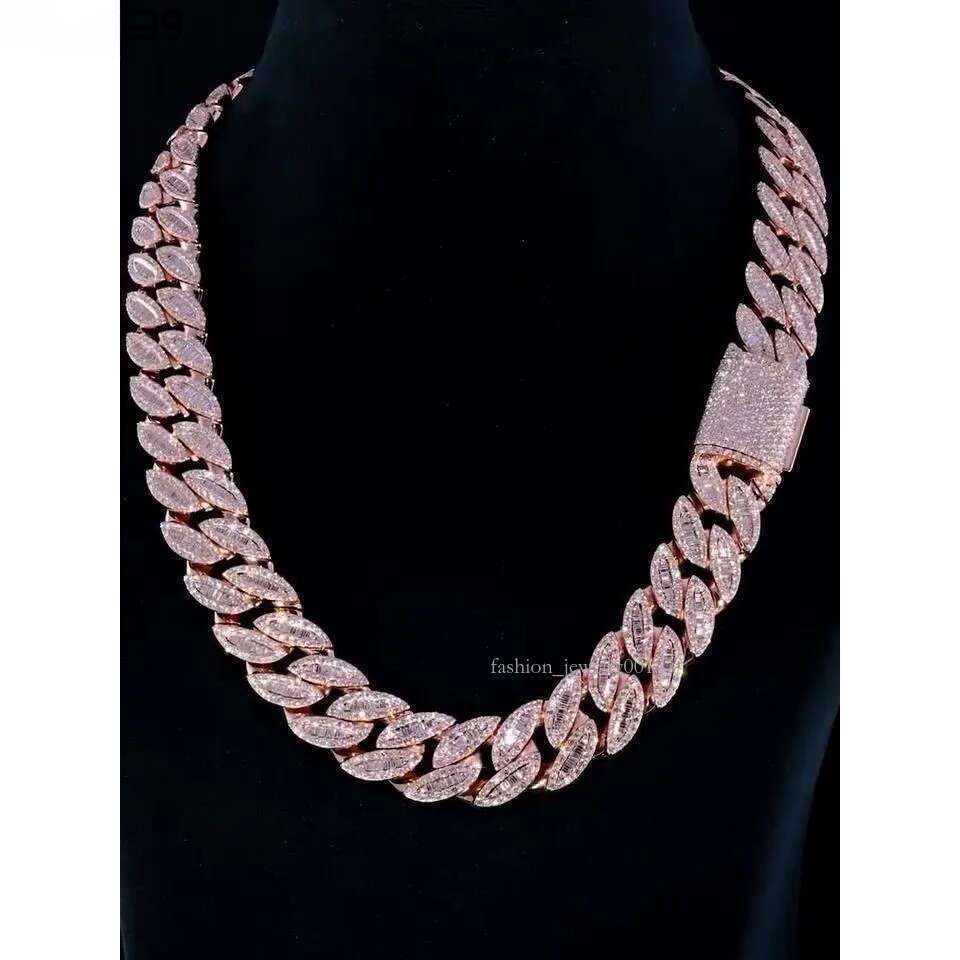 18mm Cuban Link Chain Iced Out Necklace with Baguette Round Cut VVS Moissanite Diamond Tester Approved