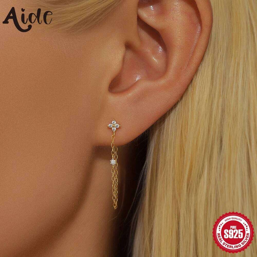 Aide 925 Sterling Silver Flower Zircon Long Tassel Drangle Earring For Women Luck Girls Four Leaf Clover Ear Studs arete Jewelly