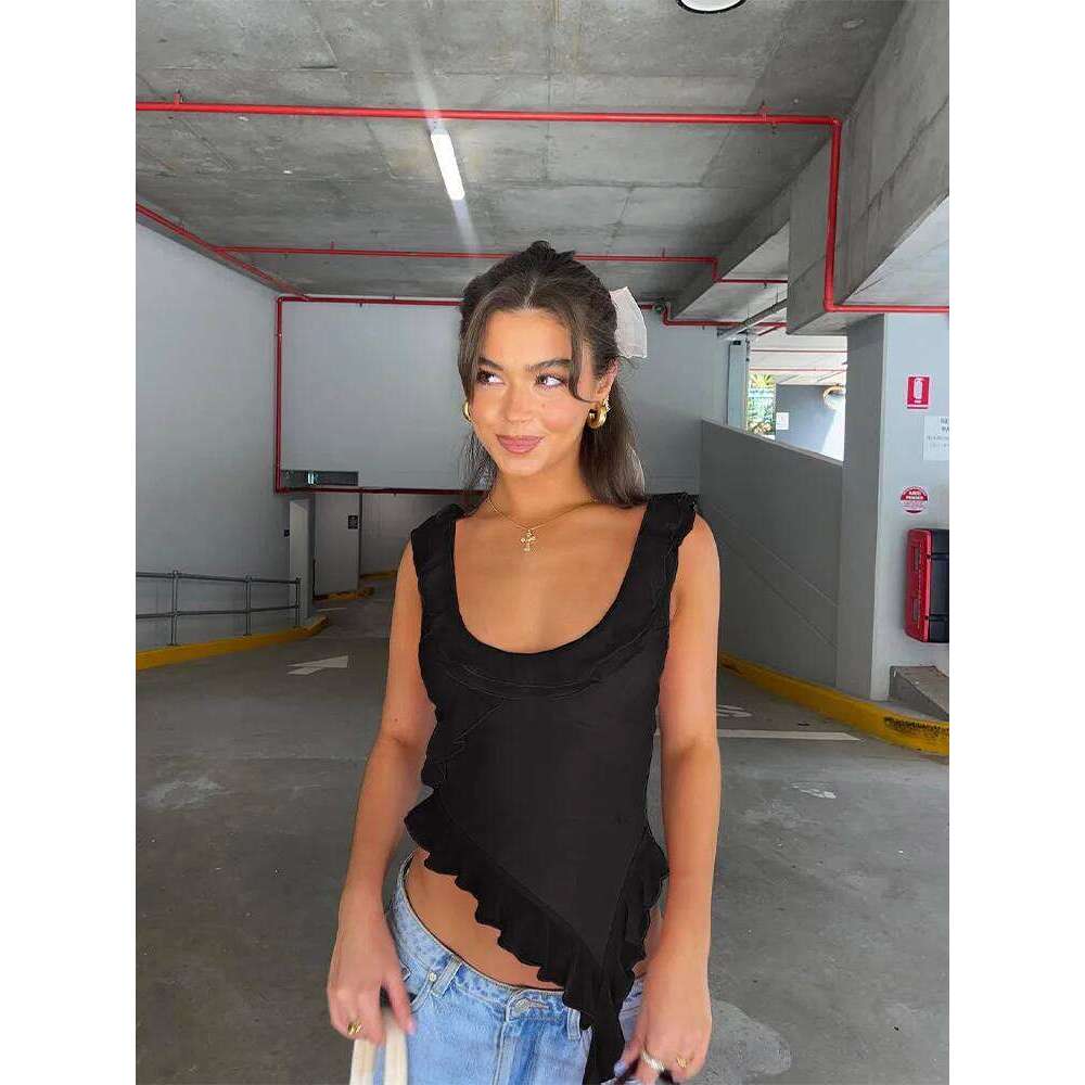 Fashion O-neck Sleeveless Tank Top Sexy Ruffles Backless Irregular Crop Tops 2025 Summer Casual Streetwear Women Camis