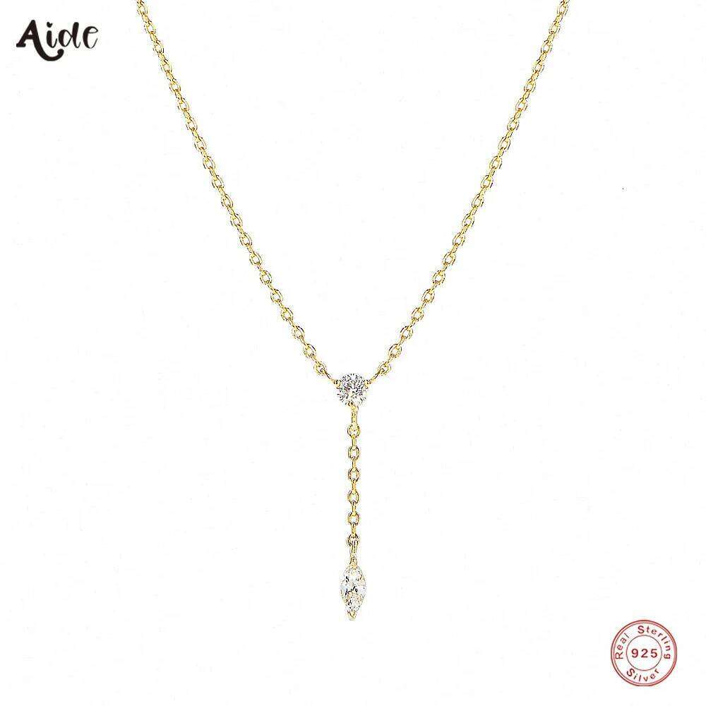 Aide 925 Sterling Silver Thin Slim Chain Necklace With Clear Zircon Pendant For Women Y Shape Clavicle Choker Wedding Jewelry