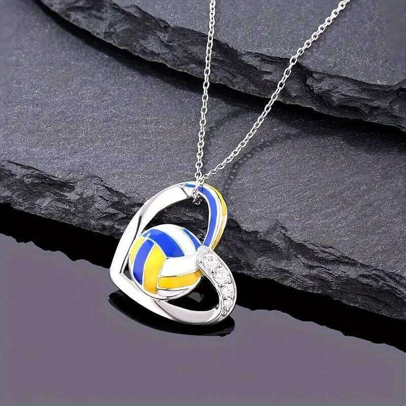 Huitan Trendy Volleyball Heart Pendant Necklace Teen Girls Accessories with Shiny Zirconia Fashion Female Daily Party Jewelry