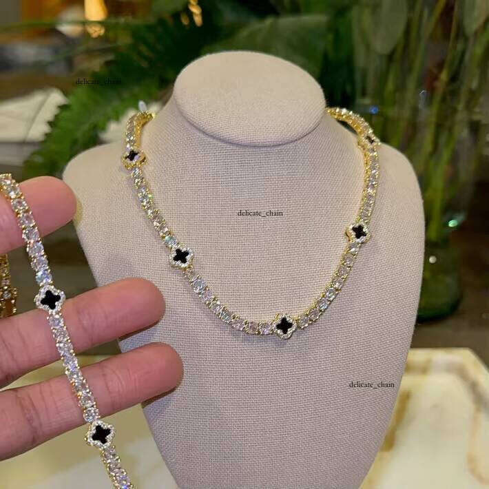 Women's Gold-Plated Pearl Tennis Bracelet Chain VVS Moissanite Diamond Jewelry Set Hip-Hop Iced Black Clover Necklace