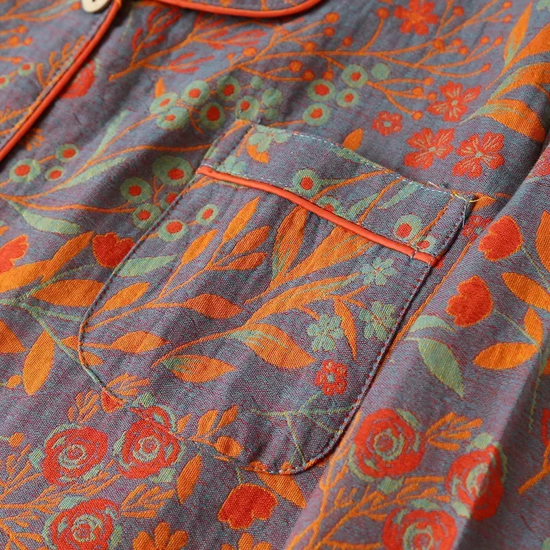 est Retro Style Cotton YarnDyed Leaf Printed LongSleeved Long Trousers Cardigan Womens Home Wear TwoPiece Pyjama Set 251231