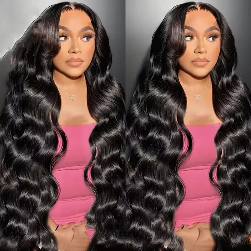 13x4 Lace Front Brazilian Hair Body Wave Natural Black Remy Hair Transparent Lace Bleached Bangs for Women Medium Length Wigs