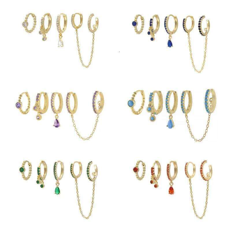 Aide 4pcs Stack Set Colorful Zirconia Huggie Double Hoops With Chain Earrings For Women Wedding Party Crystal Turquoise Jewelry