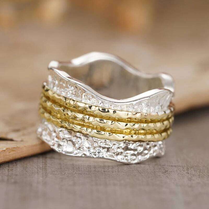 Huitan Irregular Shaped Two Tone Finger for Women Textured Design Modern Fashionable Female Rings New Trendy Jewelry 2026