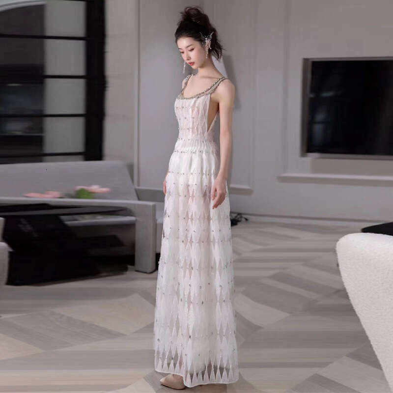 Light Wedding Heavy Craft Spaghetti Strap High End French Super Fairy Morning Gown Going Out Gauze Sequin Celebrity Same Style Banquet Dress Women S L