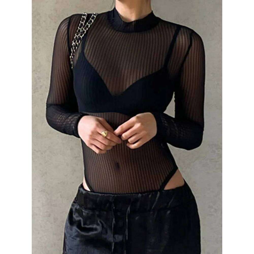 Summer perspective with backless hollow transparent club jumpsuit for women, solid color black T-shirt, elegant and sex