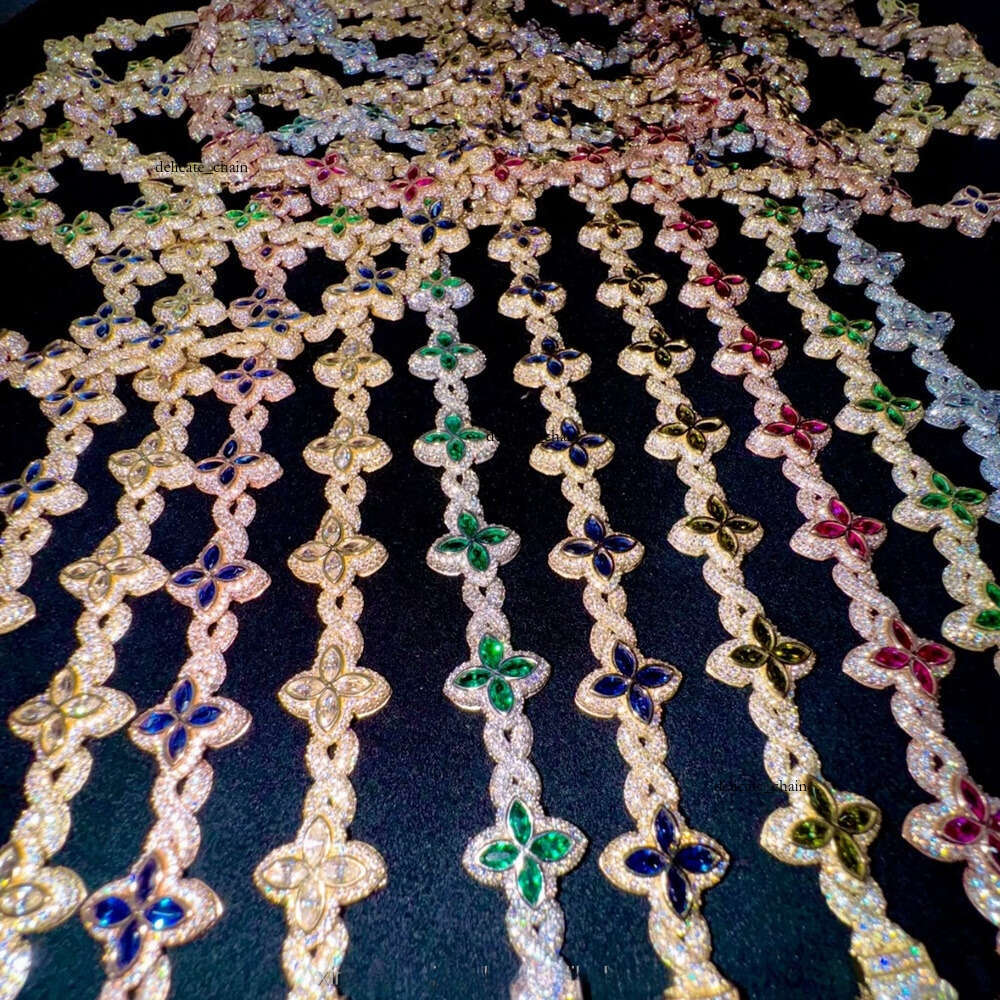 VVS Moissanite Hot Sale 15mm 925 Sterling Silver Clover Iced Hip Hop Infinity Colorful Mosaic Stone Cuban Bracelet