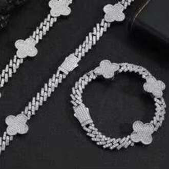 Hip-Hop Spring Clip Four-Leaf Clover VVS Moissaniteia Rhombus Cuban Chain Unisex Necklace High-End Multifunctional Bracelet