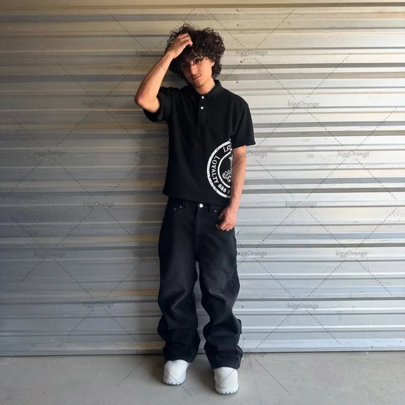 High Street Retro Y2K Harajuku Streetwear Men Hip-hop Punk Trendy Classic Polo Shirt Gothic Casual Loose Lapel Top 251230