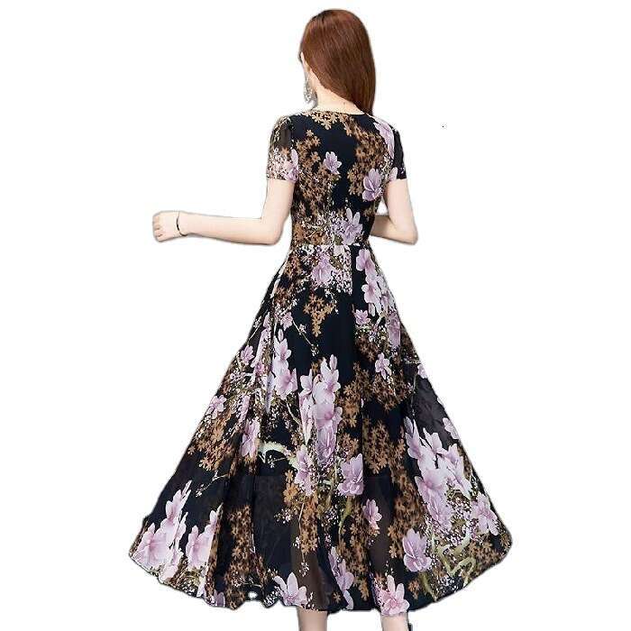 Women's Short Sleeve 2026 Summer New Korean Style Printed Round Neck Elegant Slimming Mid-Length Dress for Women