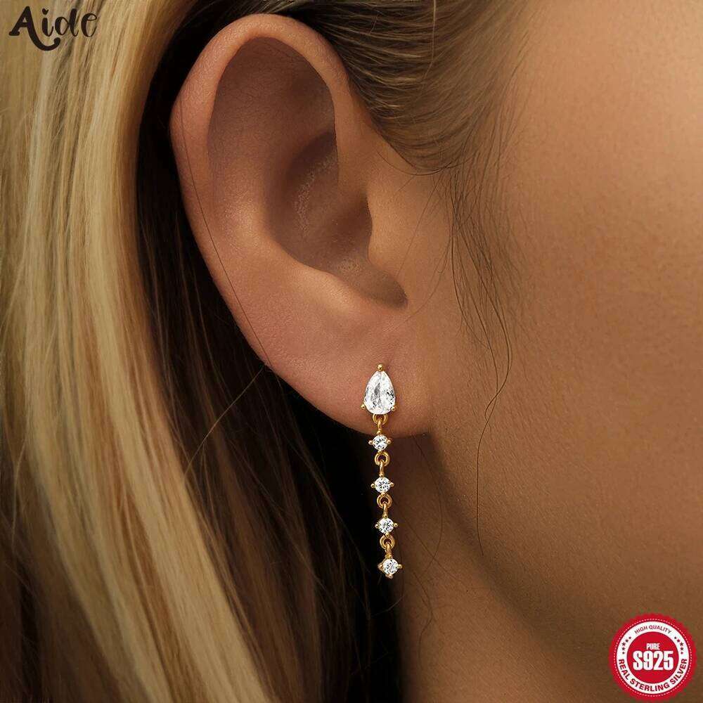 Aide 925 Sterling Silver Water Drop Cubic Zirconia Stud Earring for Women Luxury CZ Drangles Earrings Wedding Party Fine Jewelry