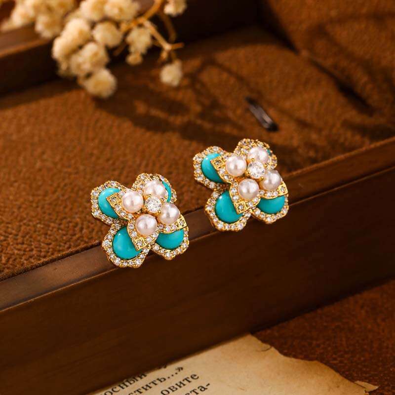 New Chinese Style Blue Turquoise Pearl Stud Three-Dimensional Four-Leaf Flower for Women Niche High-End Elegant Fashion Earrings