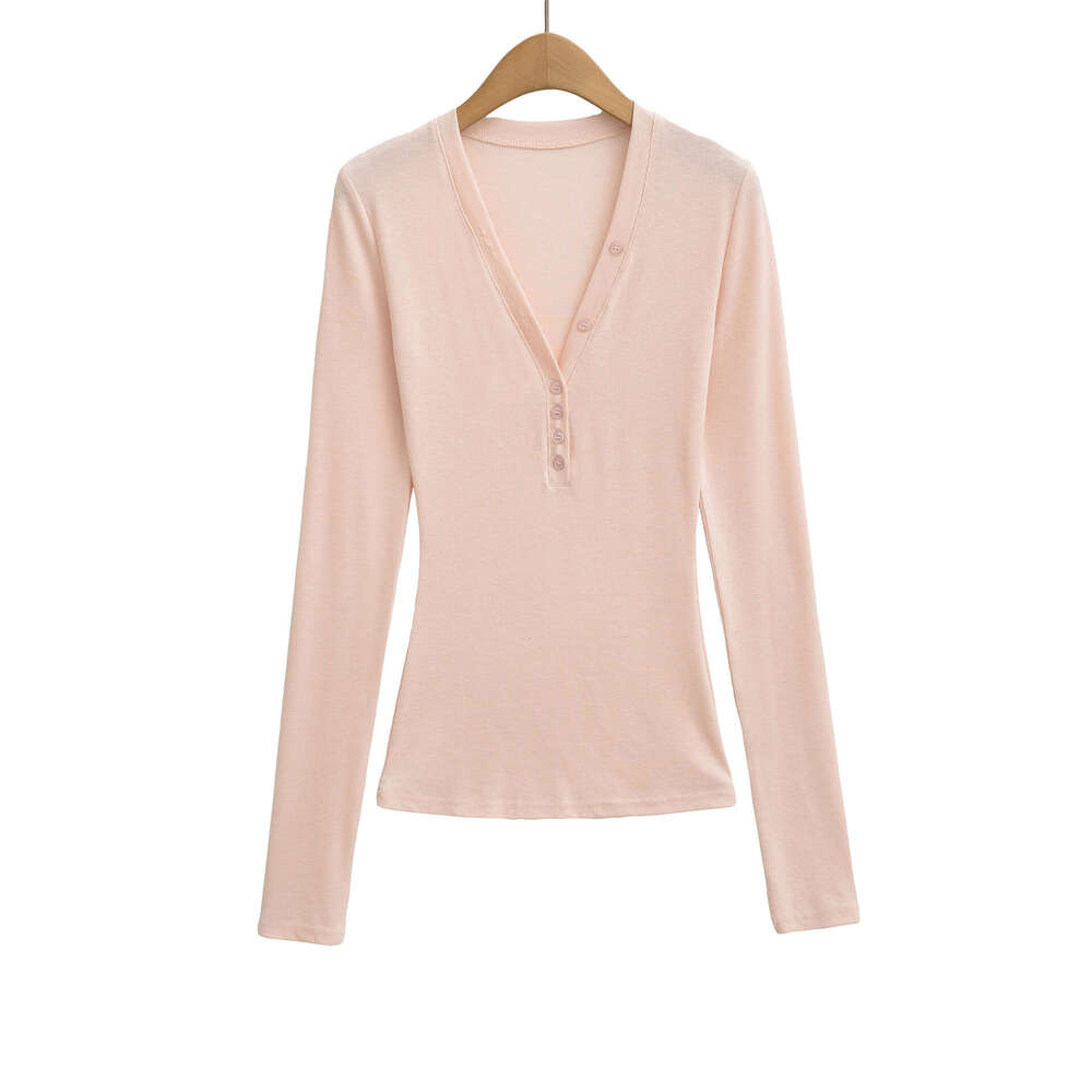 2026 Autumn New Tencel V-Neck Button Tight Long Sleeve T-Shirt for Women, Stretchy Slim Fit Thin Base Shirt Top