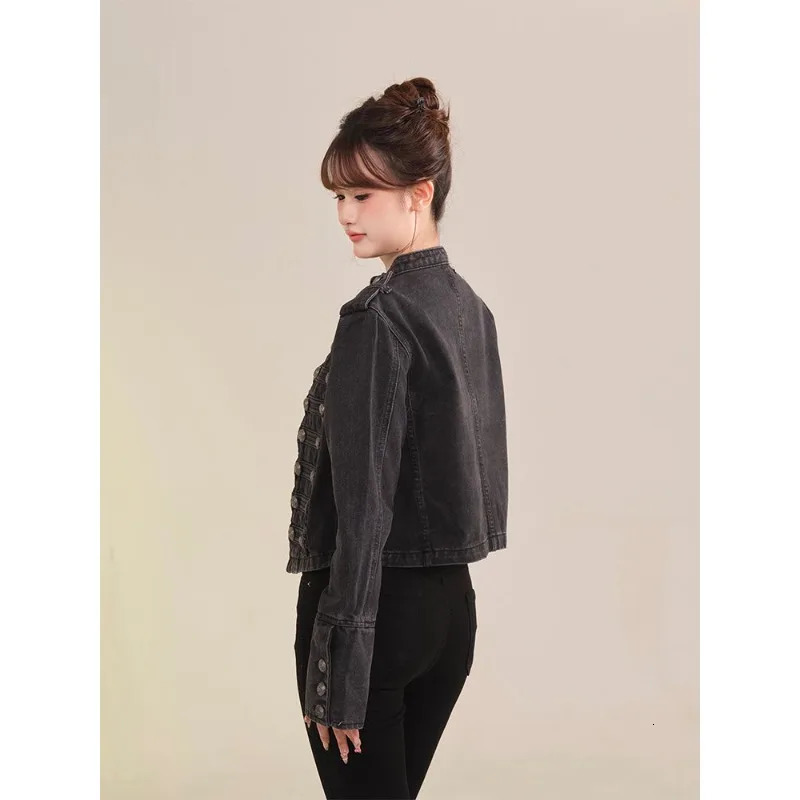Womens Clothing Short Coat Jeans Jacket Retro Button n Slim Standup Collar Long Sleeves Denim Top 251229