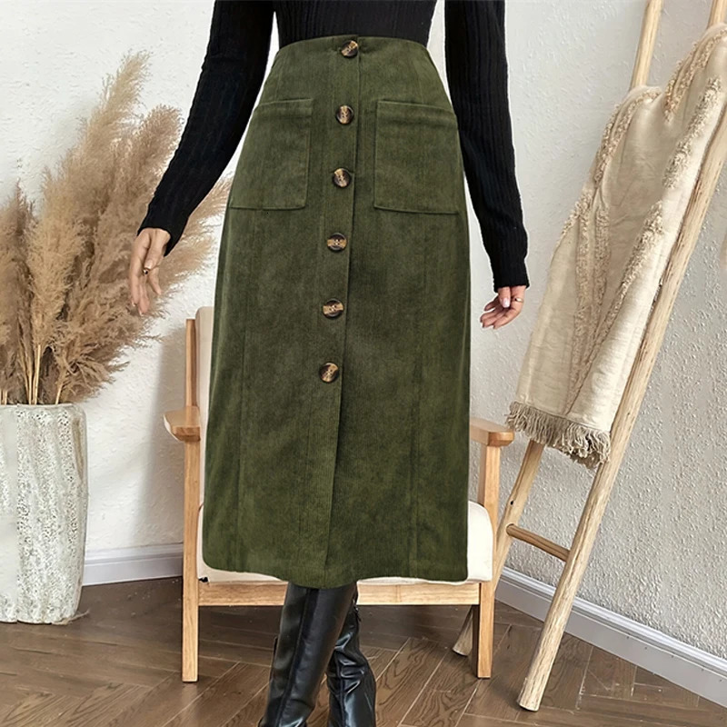 Vintage Green High Waist Midi Skirt Women Button Up Pocket ALine Long Skirts Autumn Winter Ladies Casual Streetwear Jupe Femme 251231