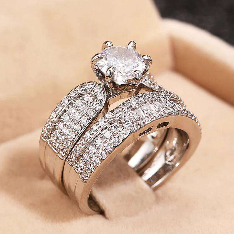 Huitan Luxury 2PC Bridal Ring Sets Brilliant Round Zirconia Finger Jewelry for Wedding Party Gorgeous Silver Color Accessories
