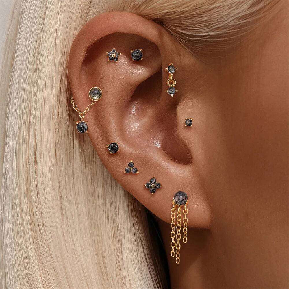 Aide 925 Sterling Silver Natural Black Hair Quartz Design Piercing Ear Studs Sparkling CZ Stud Earrings For Women Jewelry 1pc