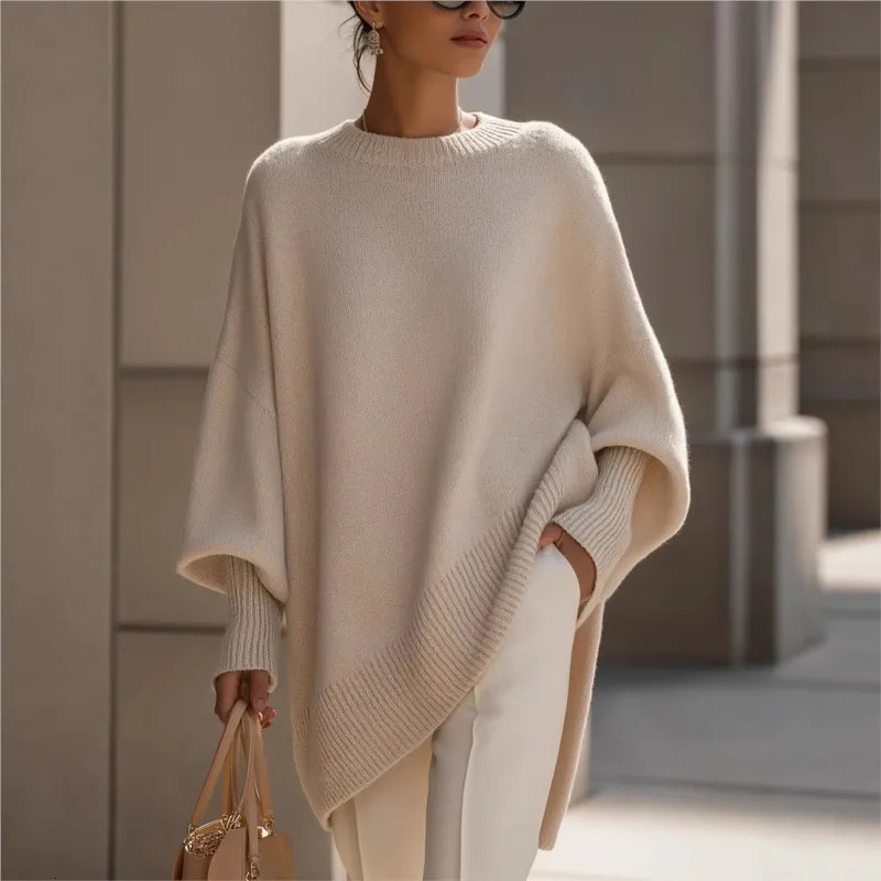 Ladies Batwing Sleeve Knitted Sweater Shoulder Casual Style Autumn Winter Outerwear Irregular Shaped Knitwear Coat 251231
