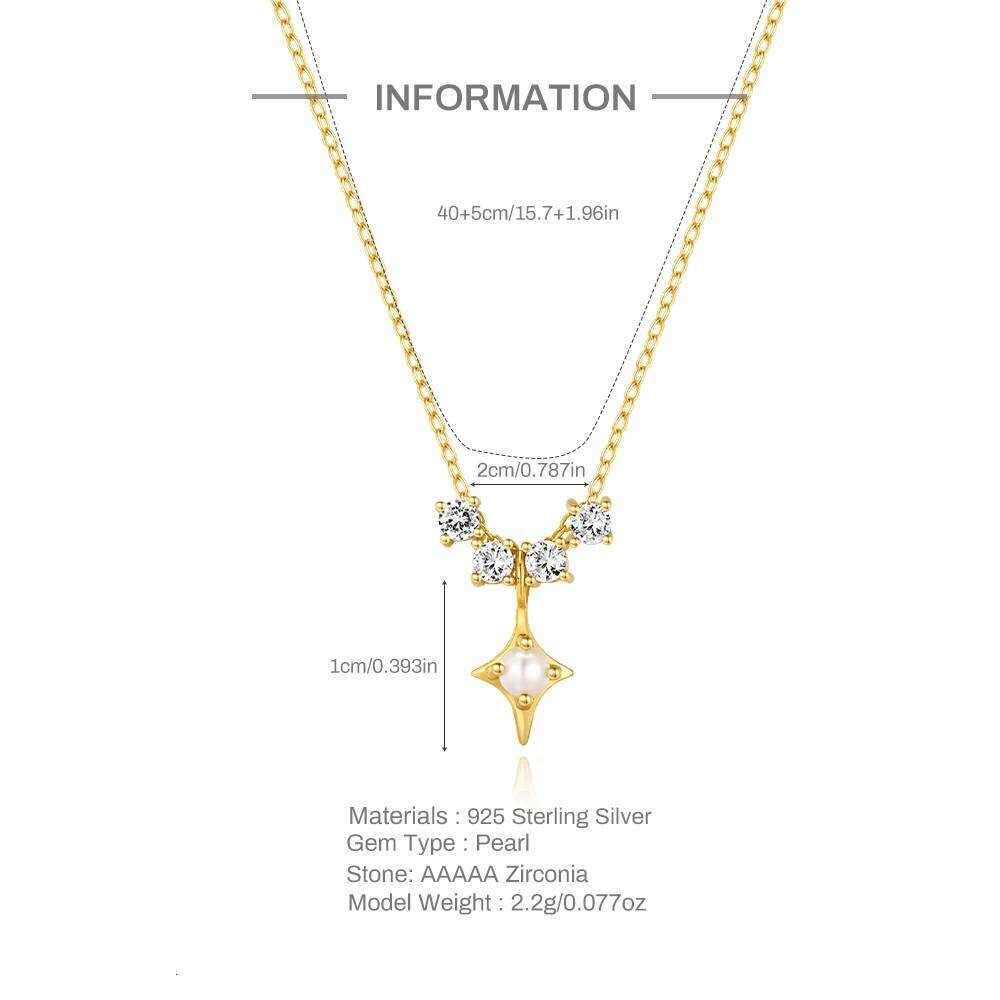 Aide 925 Sterling Silver Fashion Four-Pointed Star Simple Chain Pearl Zircon Pendant Necklace Party Wedding Necks Jewel