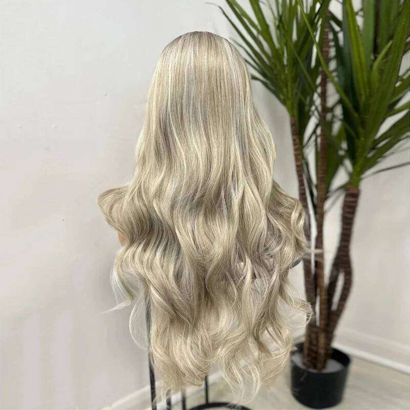 13x4 Middle Part Glueless Heat Resistant Platinum Ash Streaks Dark Roots Highlights Body Wave Lace Front Wig 26 Inch