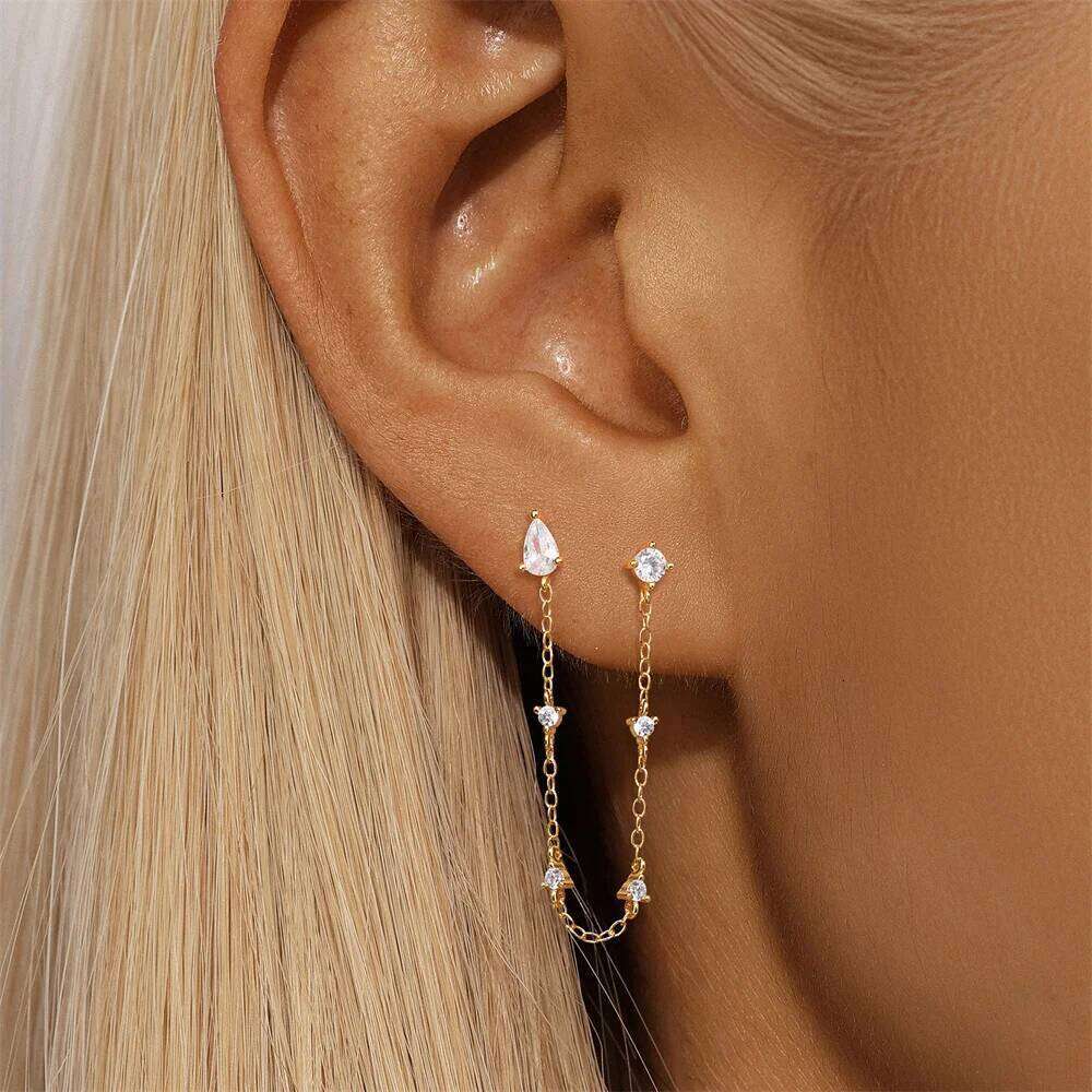 Aide 925 Sterling Silver 1pc Gold Ear Cuff With Waterdrop Tassel Chain Piercing Stud Earrings For Women Simple Fine Jewelry Gift