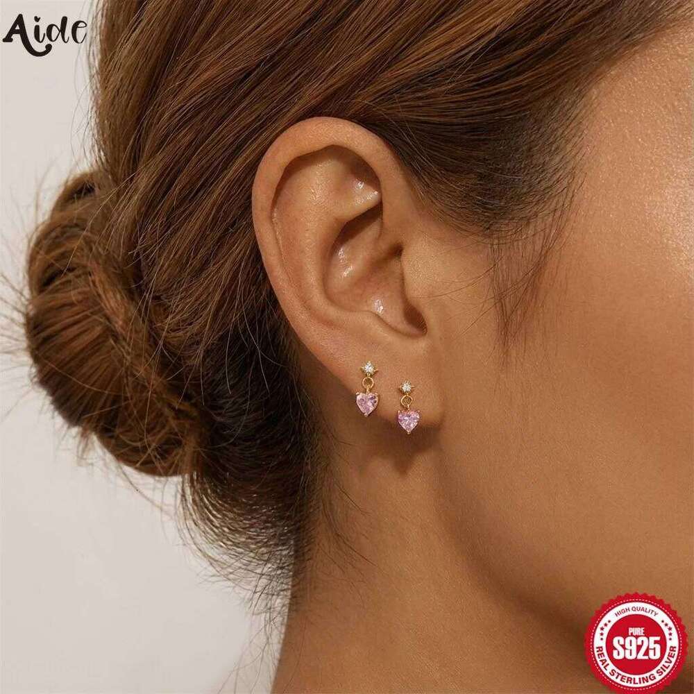 Aide 925 Sterling Silver Six-Pointed Star Zircon Pink Heart Pendant Earrings for Women Dangle Stud Valentine's Day Jewelry