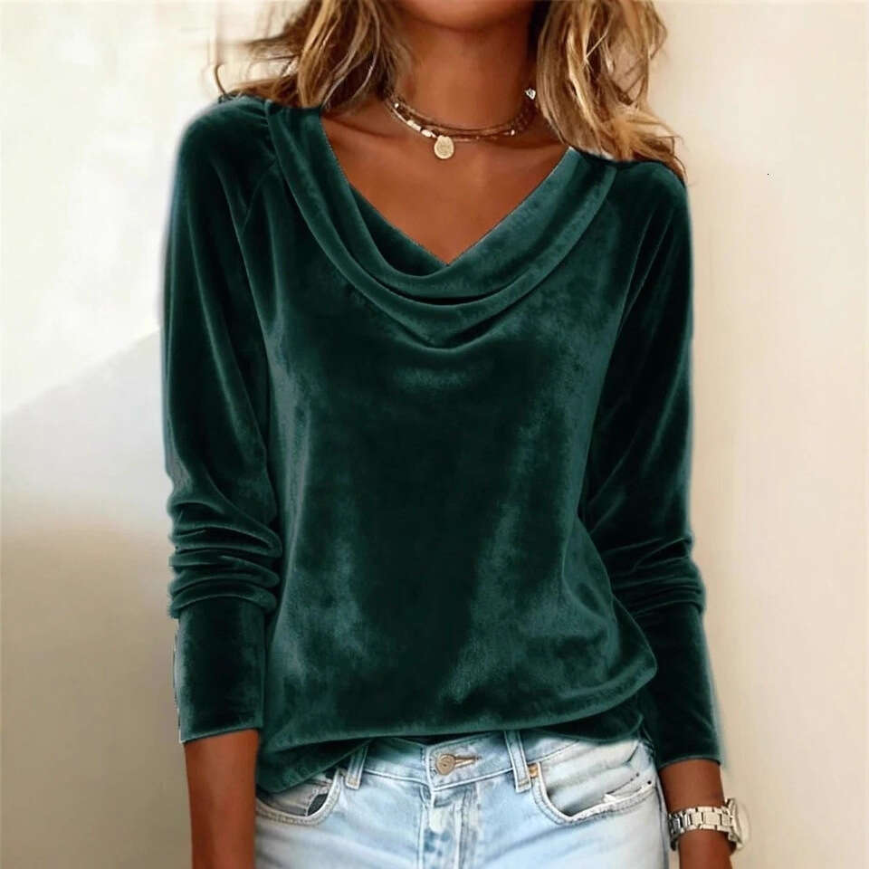 2026 European and American Cross-Border Fashion Women's New Solid Color Swing Collar Long Sleeve Sexy Velvet T-Shirt