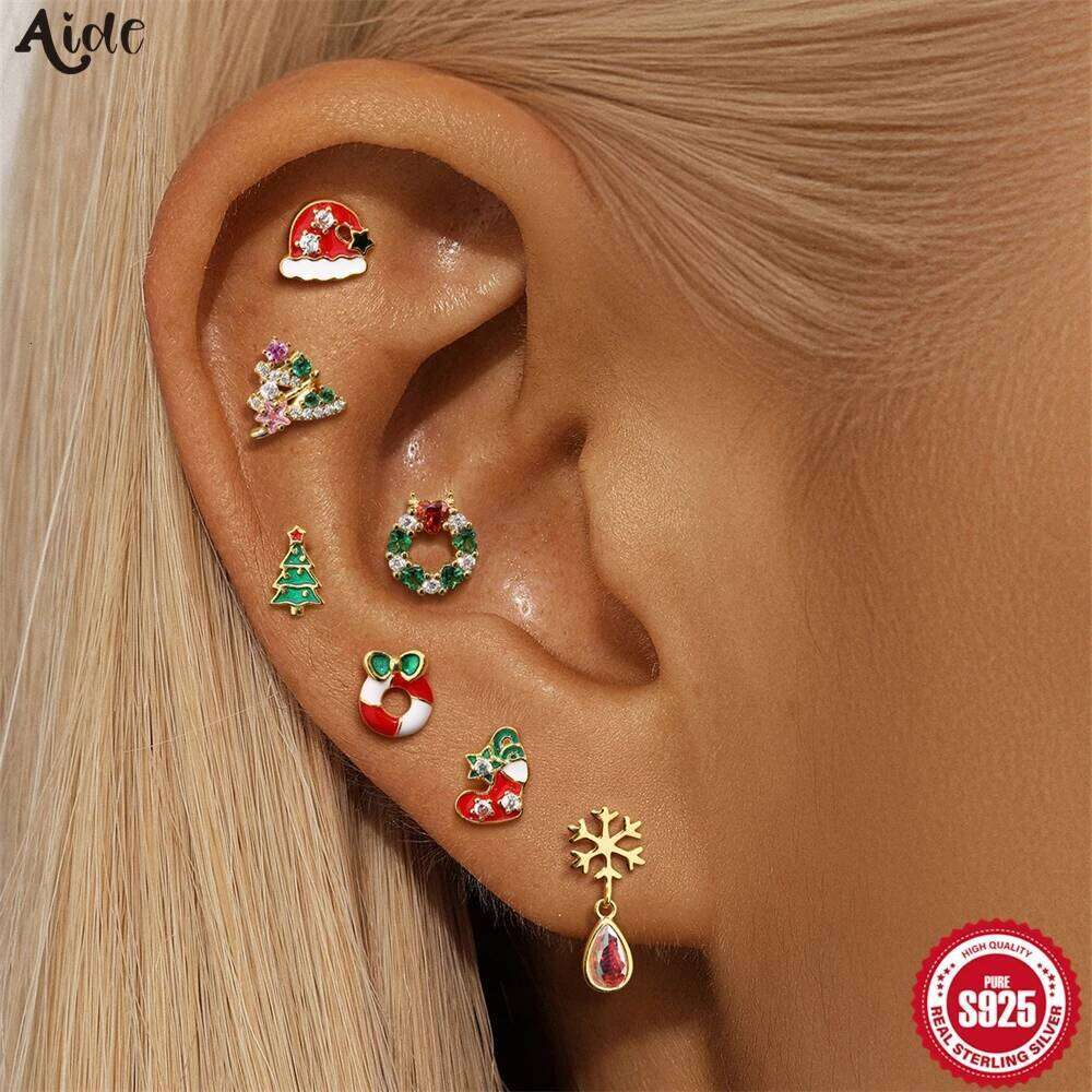 Aide 925 Sterlig Silver Single 1pc Earrings Xmas Tree Snowman Cute CZ Christmas Bone Stud For Women Girls Jewelry