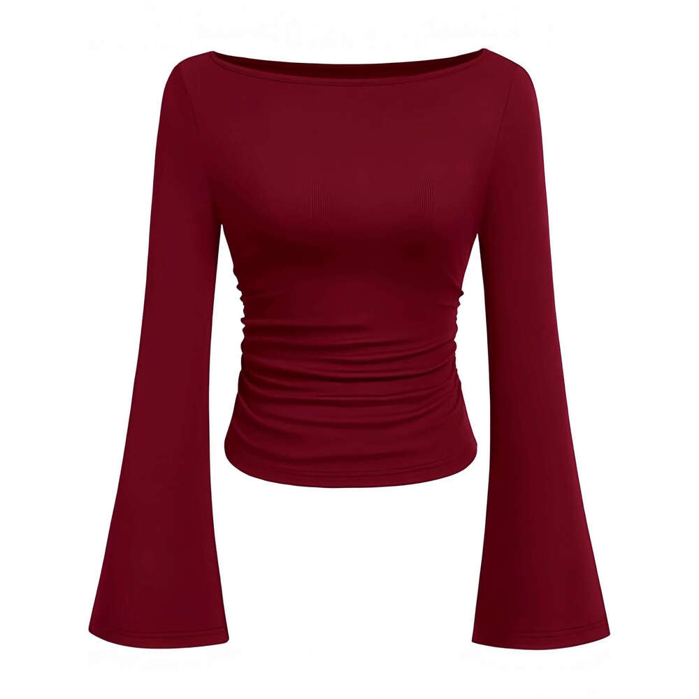 2026 Cross-Border Autumn Winter New Off-Shoulder Versatile Long T-Shirt Women's Slim Fit Flared Sleeve Base Shirt