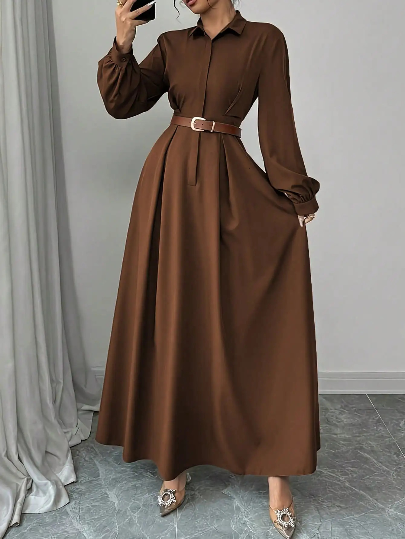Womens Elegant Long Lantern Sleeve Office Dress Fashion Pleated ALine Maxi Dresses Autumn Casual Shirt Vestidos 251231