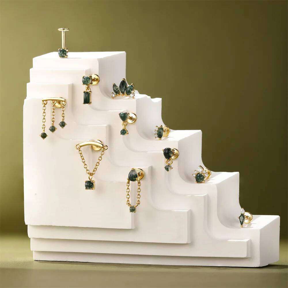 Aide 1pc 925 Sterling Silver Handmake Green Agate Piercing Stud for Women Chains Earrings Student Party Gifts Jewelry