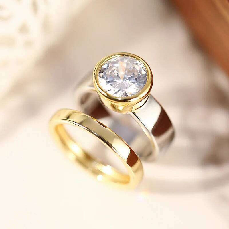 Huitan Two Tone 2Pcs Set for Women AA Cubic Zirconia Wedding Engagement Female Statement Rings Fashion Contracted Jewelry
