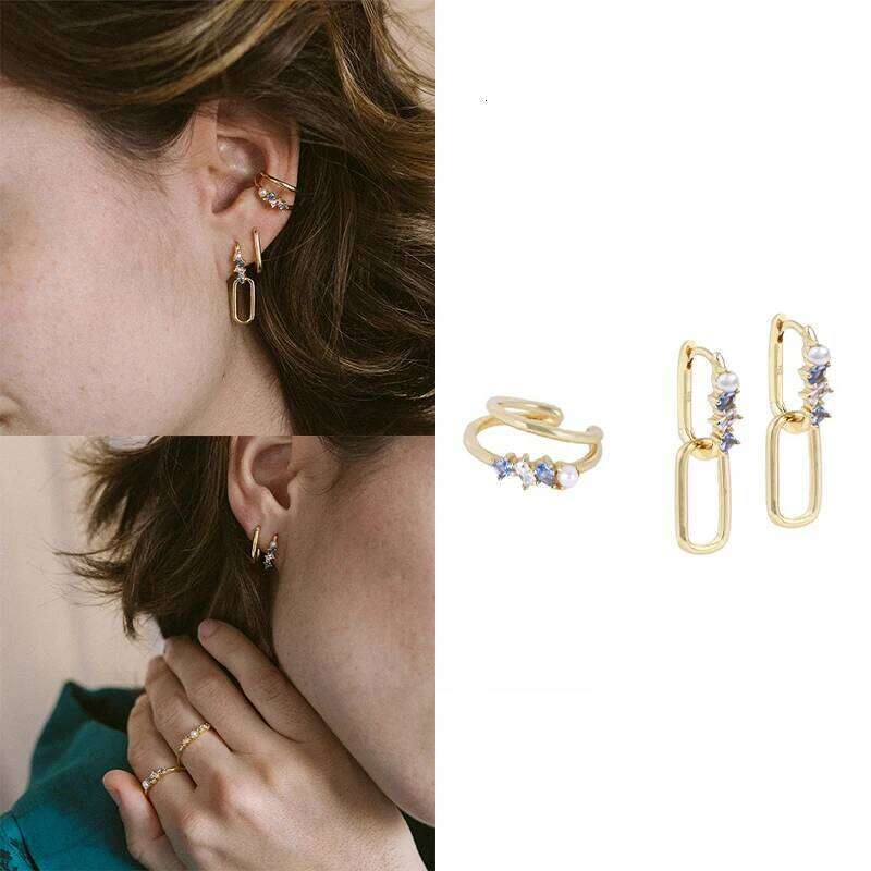 Aide White Zircon Flower Heart Set For Women Temperament Double Circle Blue Crystal Chain Tassel Piercing Stud Earrings