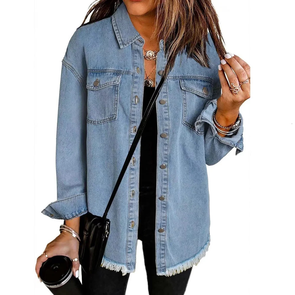 Washed Denim Jacket Women Autumn Tassel Lapel Jeans Female Casual Loose Long Sleeve Single Breasted Outerwear Shirts Coat 251231
