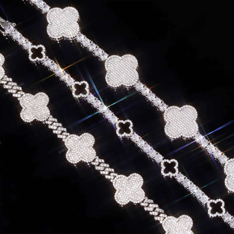 Iced Out Cuban 925 Sterling Silver VVS Moissanite Diamond Four Leaf Clover Bracelet 3mm 4mm Tennis Chain