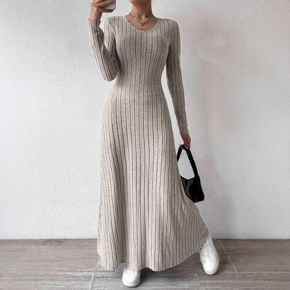 European and American Cross-Border Slim Fashion Women's Knitted Solid Color Sleeve A-Line Street Long Dress for Women