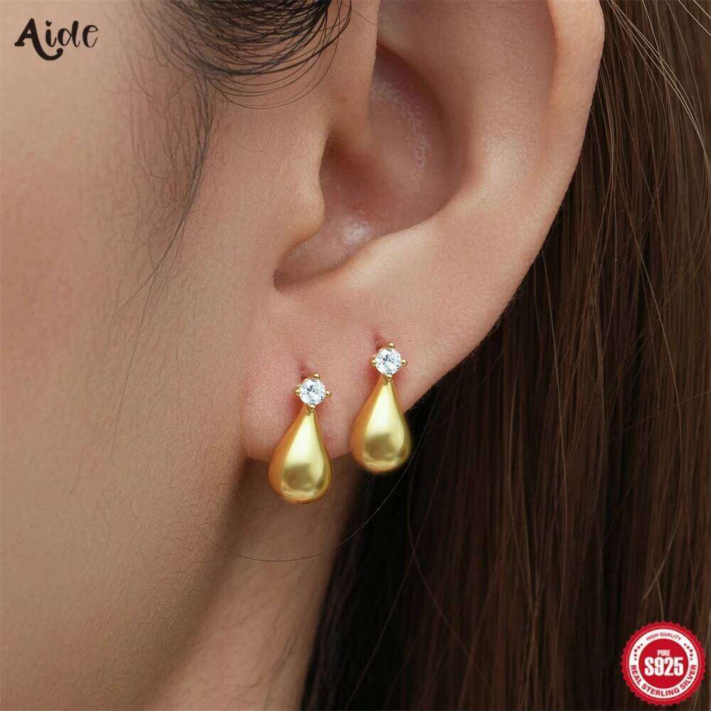 AIDE Luxury Water Drop Stud 925 Sterling Silver Cute Small Elegant Golden Earrings For Women Girls Student Fine Jewelry