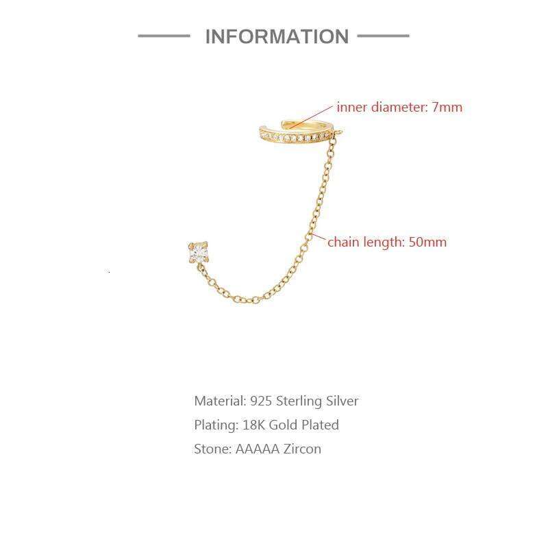 Aide 1pc 925 Sterling Silver Shimmering Clear CZ Zircon Ear Cuff With Chain Tassel Stud For Women Gift Cartilage Clip Earrings