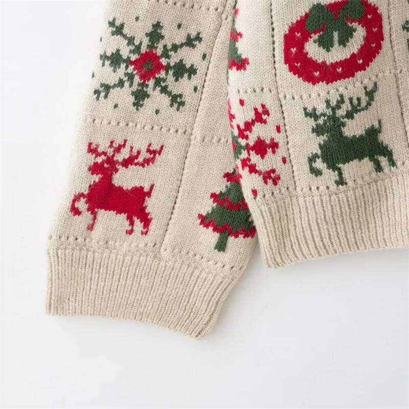Vintage Christmas Pattern Cardigan For Women, Cute Reindeer Tree Knitted Jacket, Casual Button-Down Collared Sweater Coat