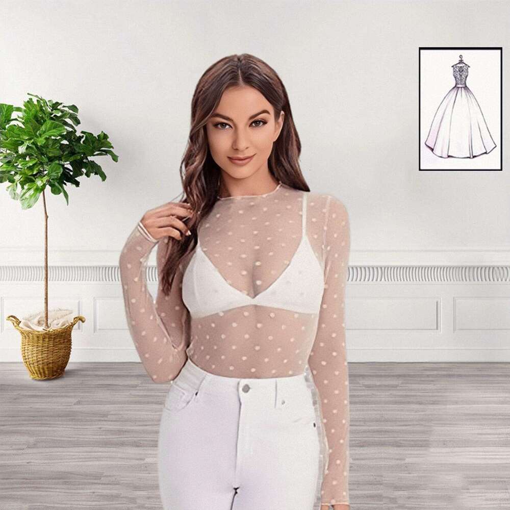 European and American Hot Lace T-shirt Women Club Mesh Top Cross-border Net Sand See-through Base Shirt