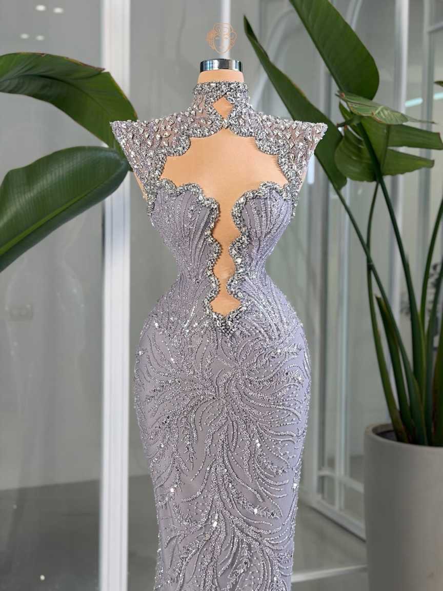 Elegant High Neck Mermaid Prom Gown Sexy Sleeveless Crystal Satin Evening Dresses Floor Length Customized Party Dress