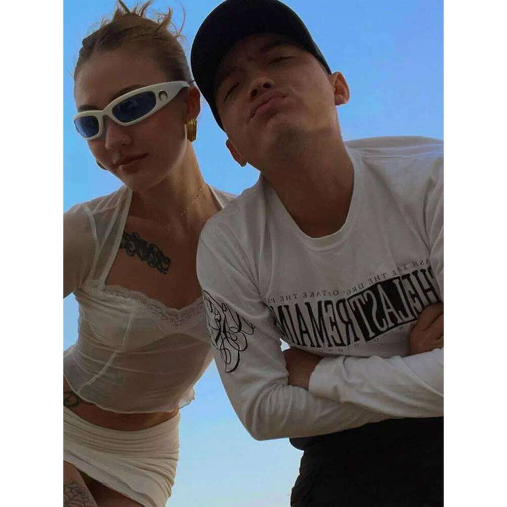 Fashion Y2K Lace Trim Mesh Crop Tops 90s Aesthetics Patchwork Square Neck Long Sleeve White Sexy Tees Summer T-shirts