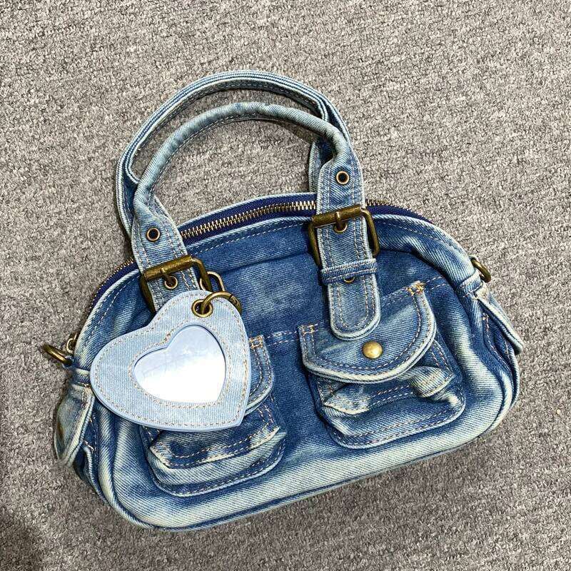 Korean Casual Denim Bowling Bags For Women Luxury Designer Handbag And Purses 2025 New In Vintage Washing Process Small Shoulder