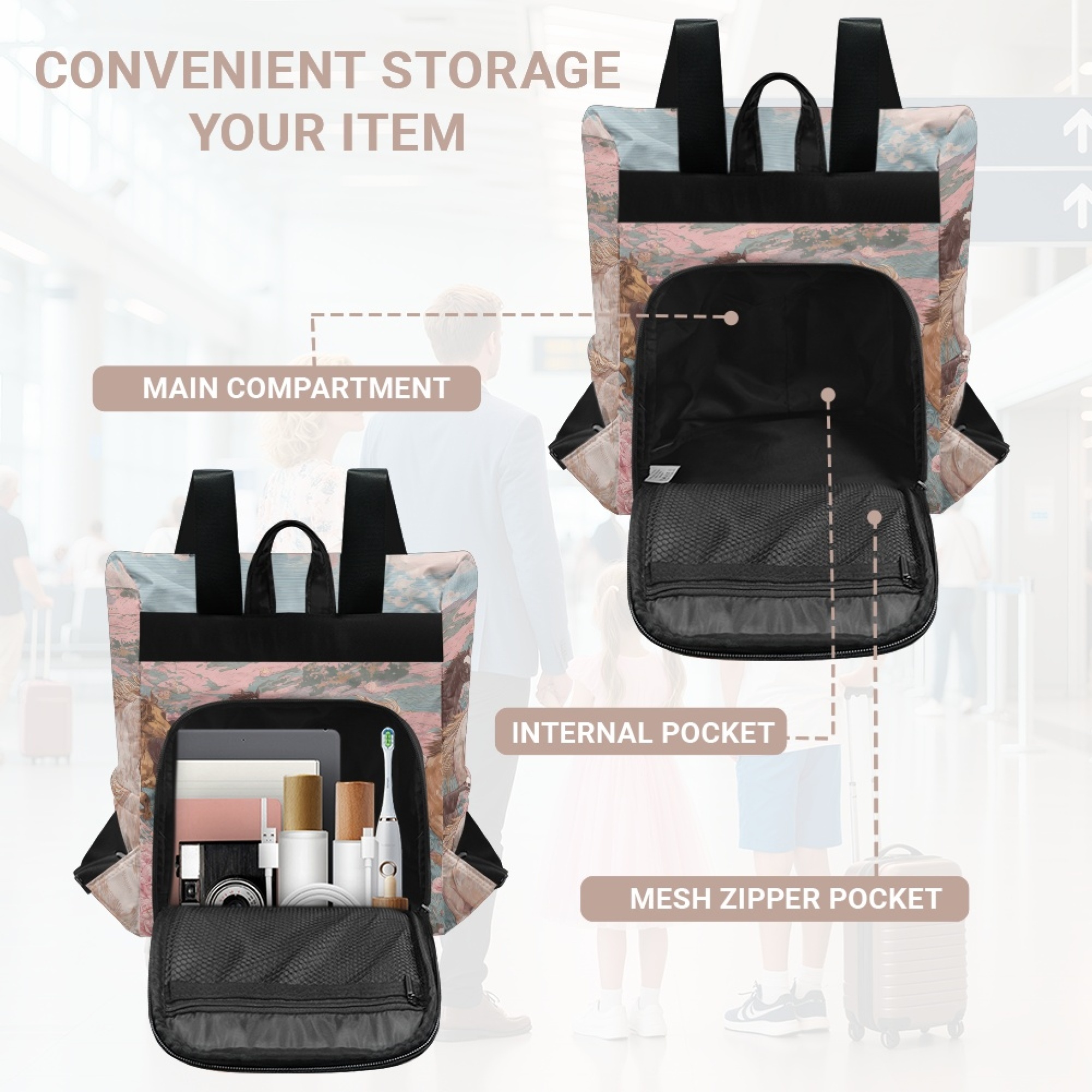 Custom H Designer Fashion Anti Theft Backpack Luxury Horse Pattern Unisex Full Print Backpack Laptop Bag Travel Bag H29