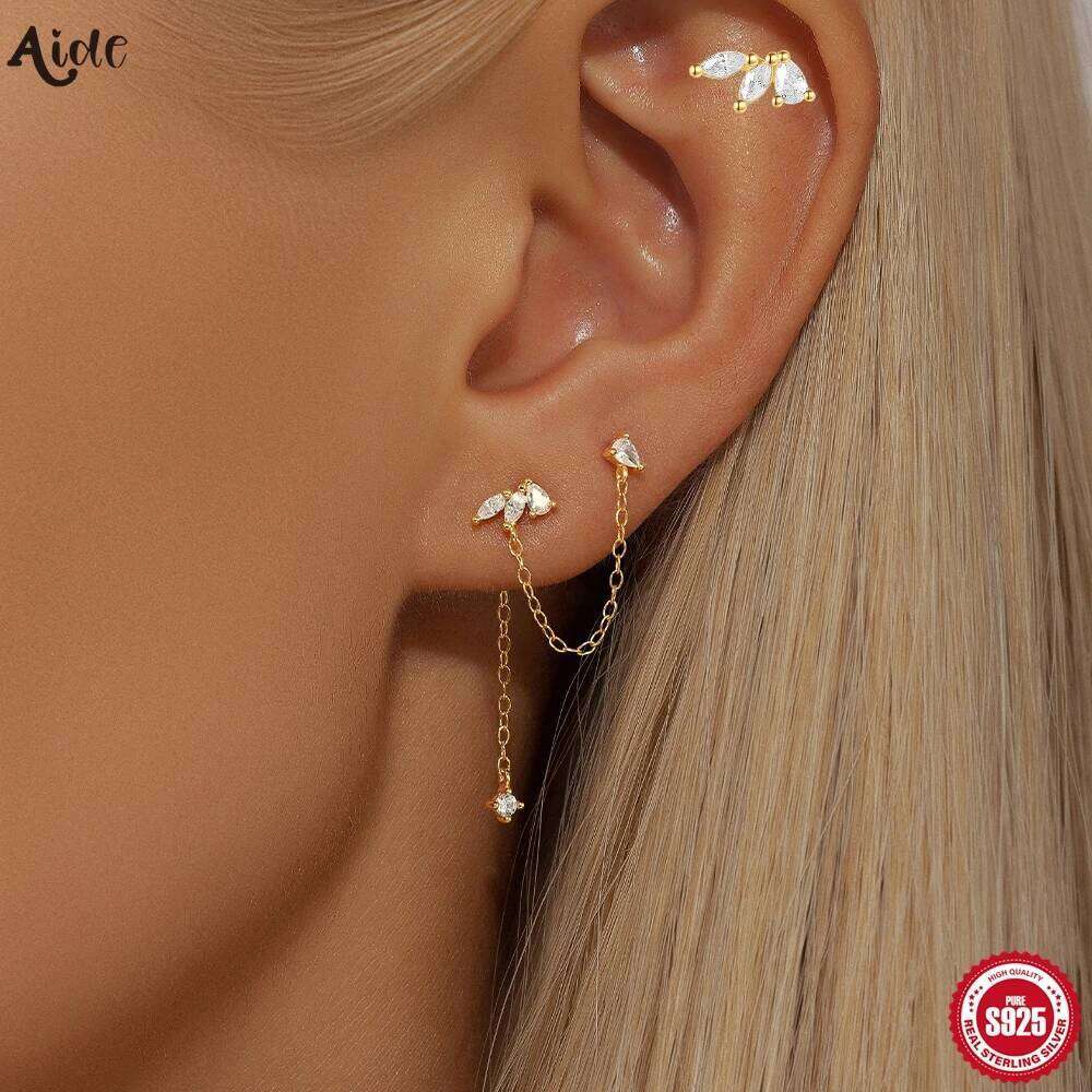 AIDE 925 Sterling Silver Horse Eye Zircon Tassel For Women Double Studs 18K Gold Color Earrings Jewelry Pendientes