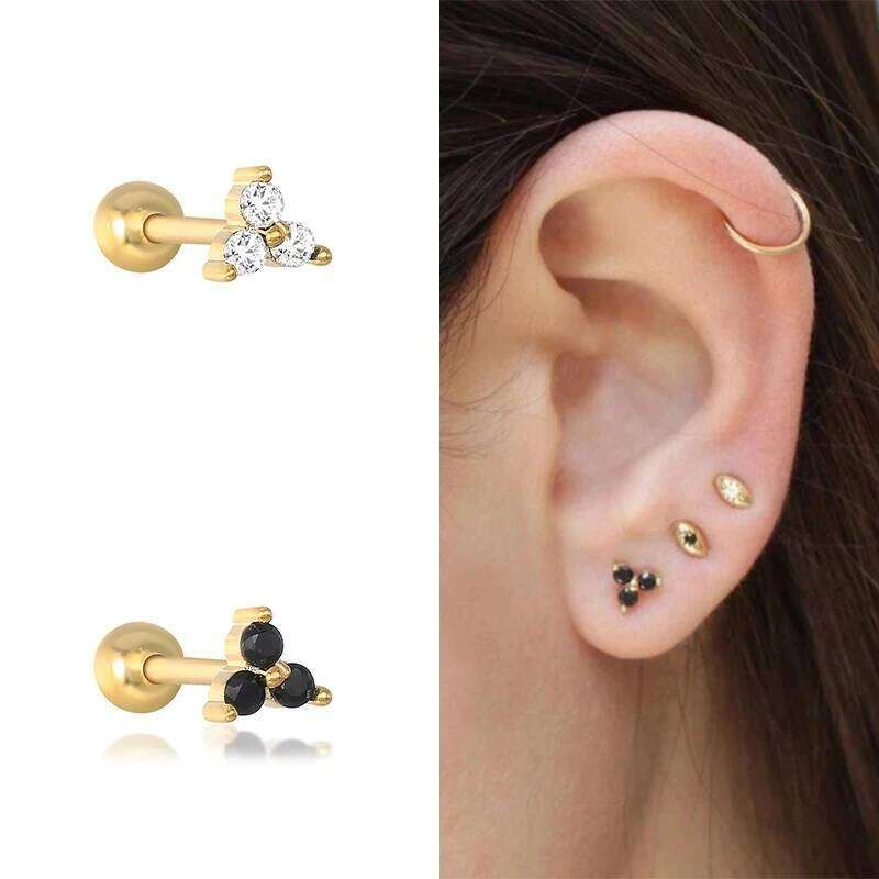Aide 925 Sterling Silver Black CZ Crystal Series Stud Earrings For Women Star Moon Heart Flower Shape Ear Studs Party Jewelry